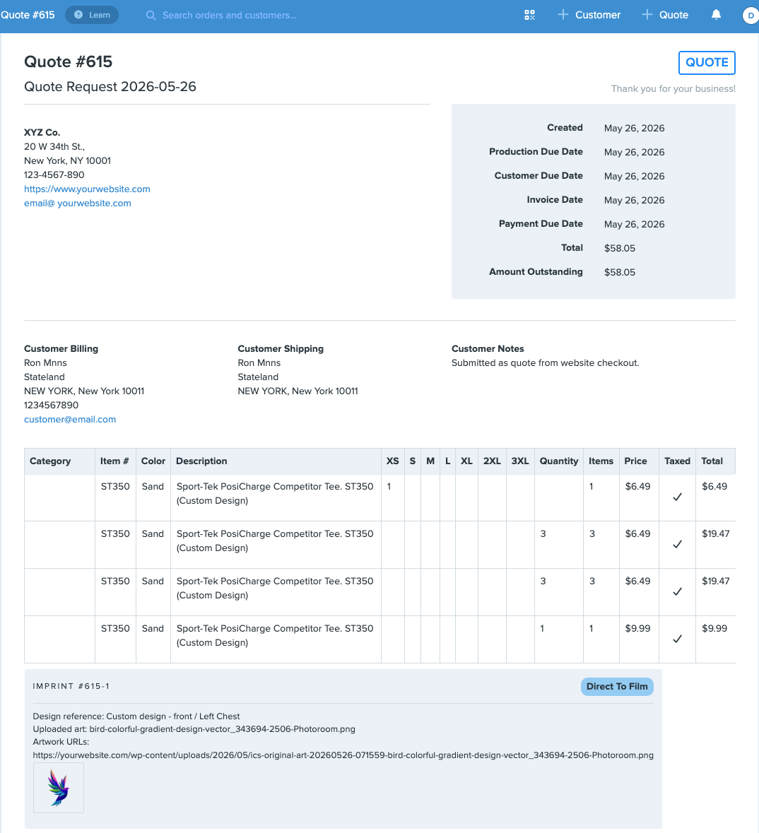 Quote workflow showing customer details, product line items, pricing, and imprint information