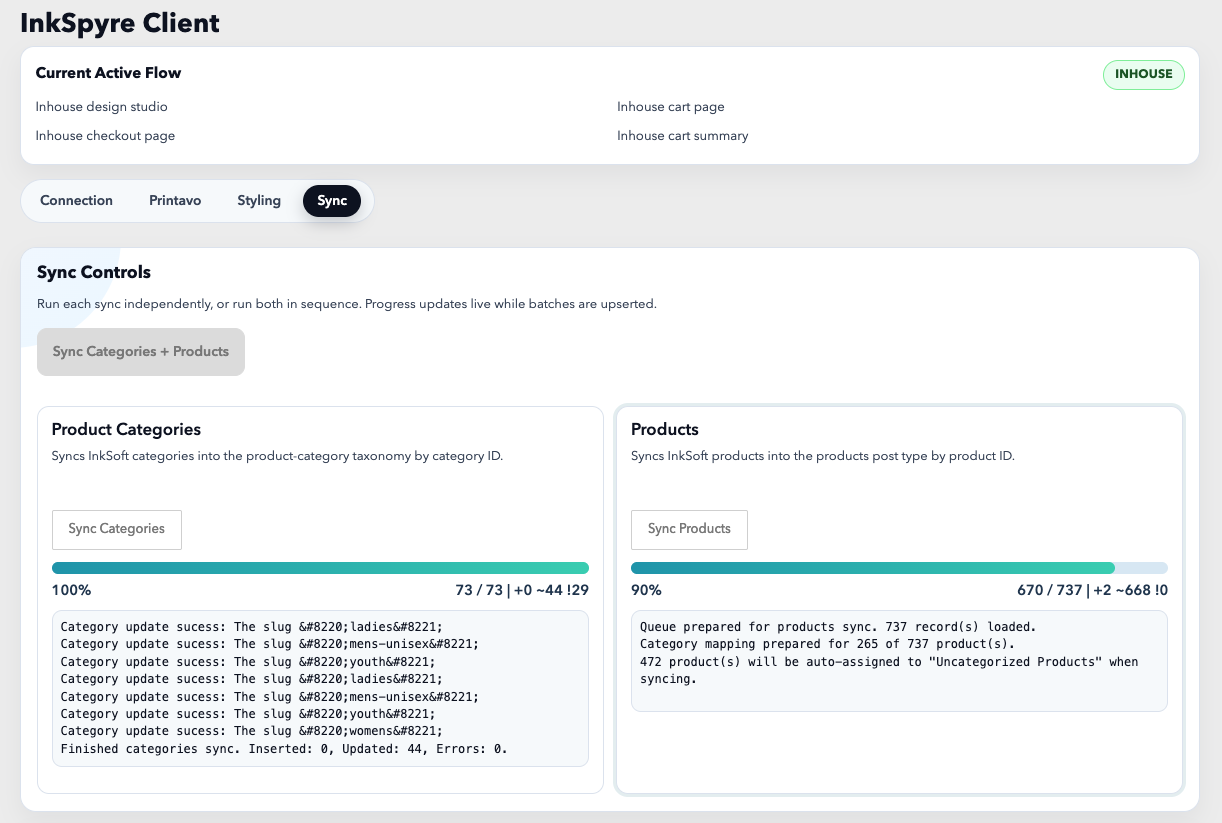 Admin controls for products and categories inside a managed merch site